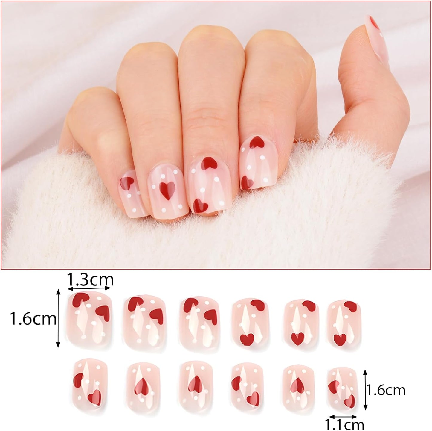 24PCS Faux Ongles Courts Carré Pour Saint-Valentin Sticker Cœur Nail Art Couverture Complète Avec Autocollant À Ongles Accessoires Bricolage Ongle Artificiels Carrés Avec Colle Cadeau Femme Fille