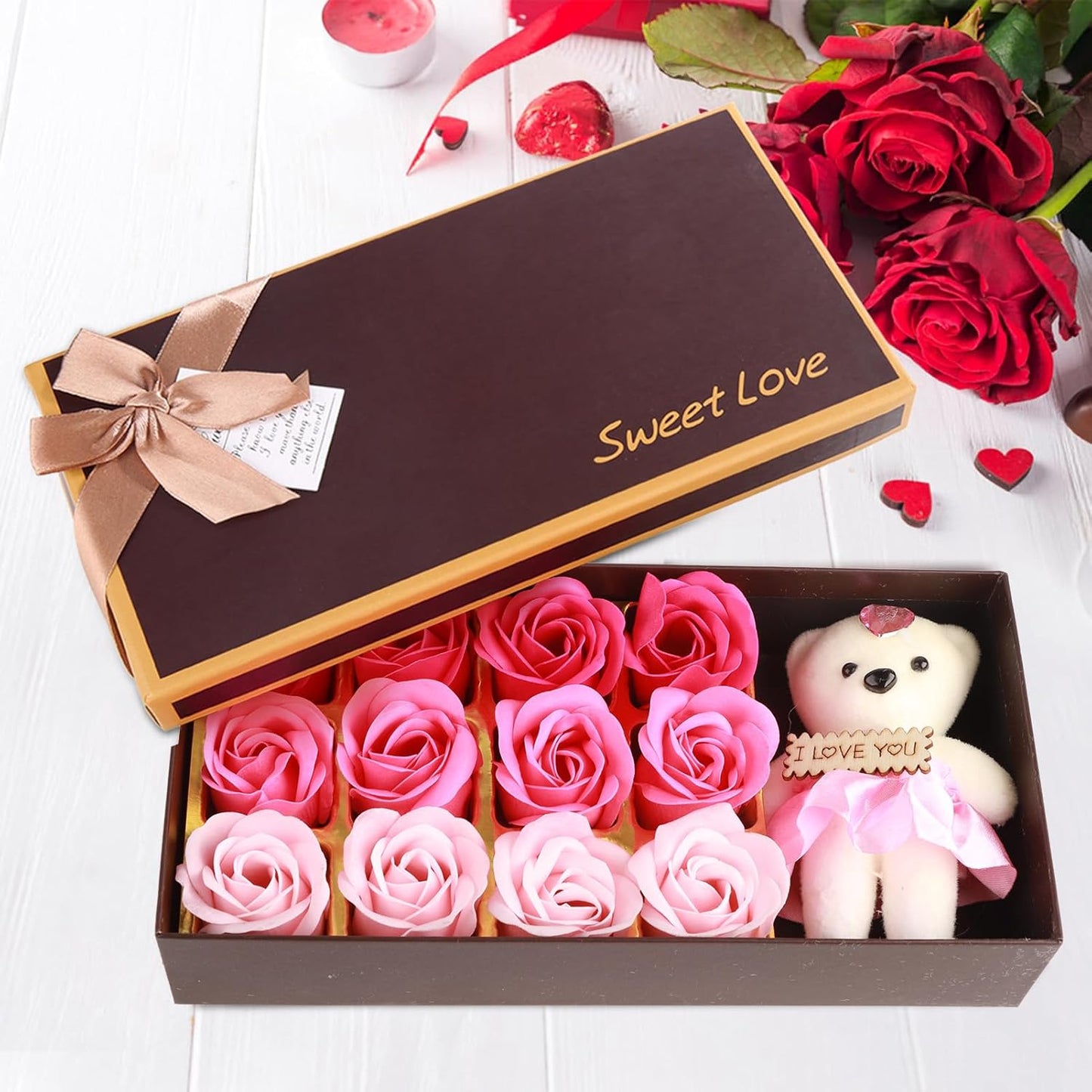 QANYEGN Savon De Bain Parfumé Floral Pétales De Fleurs De Rose, Ours En Peluche, Coffret Cadeau Fleur De Savon Pour Cadeau Romantique De La Saint-Valentin(Dégradé Poudre)