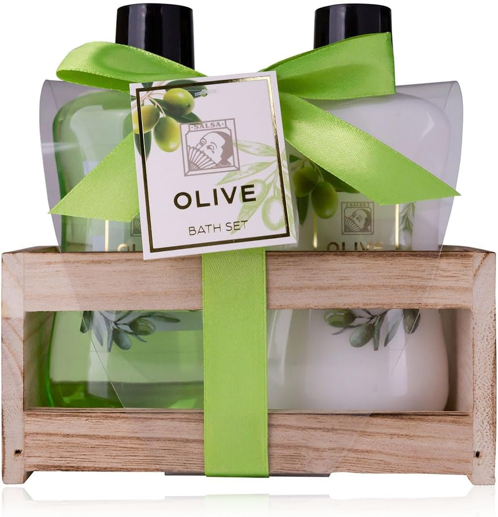 -Set De Douche Pour Femmes Set Cadeau OLIVE Dans Une Belle Boîte En Bois - Set De 2 Pièces Avec Gel Douche Et Lotion Corporelle-Cadeau Bien-Être Idéal Pour Anniversaire, Saint-Valentin & Noël